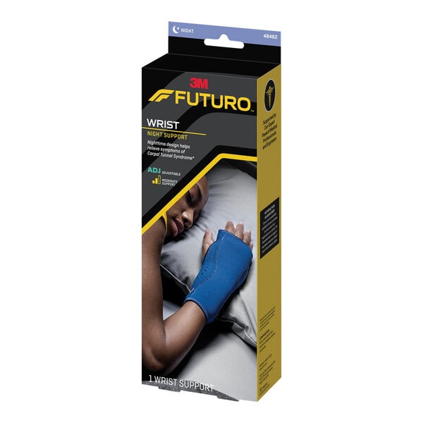 A box of 3M Futuro Adjustable Night Wrist Support with a blue wrist brace inside.