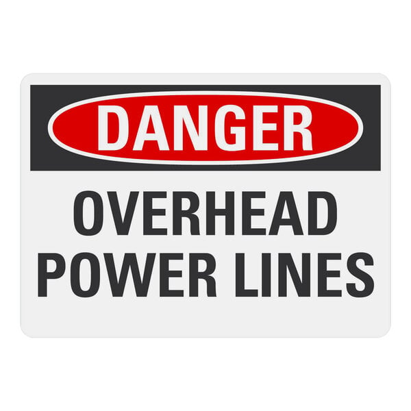 A white rectangular Lavex safety label with text that says "Danger Overhead Power Lines" in black.