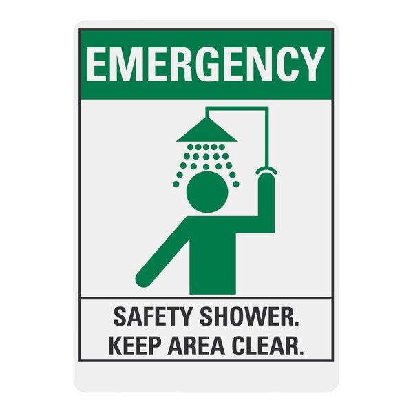 A green and white Lavex adhesive vinyl safety sign that says "Emergency / Safety Shower / Keep Area Clear"