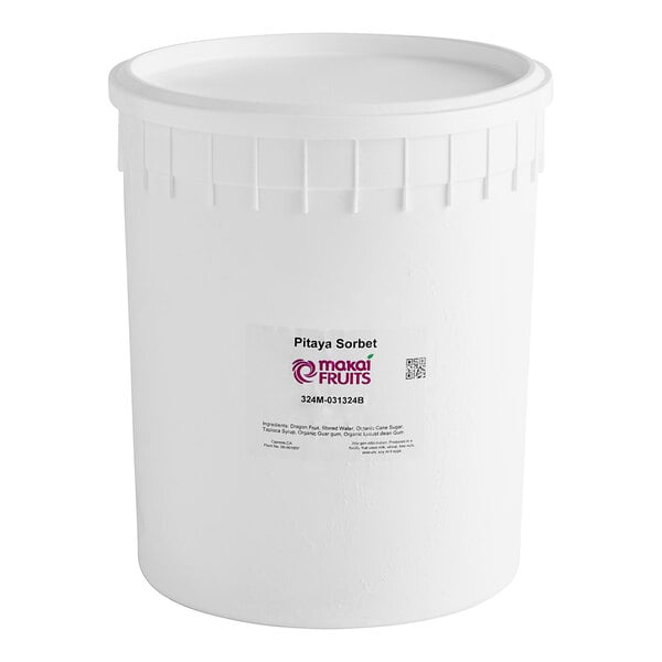 A white bucket with a lid containing Makai Dragon Fruit Sorbet.