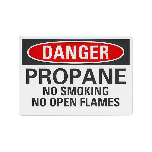 A white rectangular plastic safety sign with red and black text that reads "Danger Propane No Smoking No Open Flames"