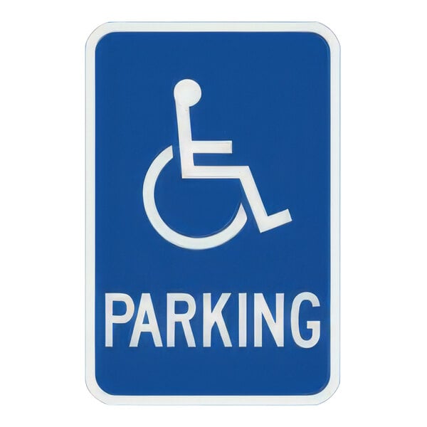 A white sign with a blue border and the word "Parking" in white over a blue background.