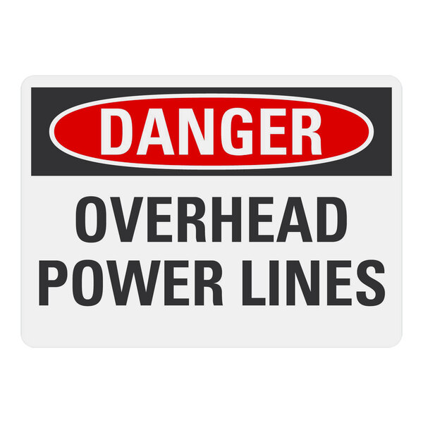 A white rectangular Lavex adhesive vinyl safety label with the text "Danger Overhead Power Lines" in black.