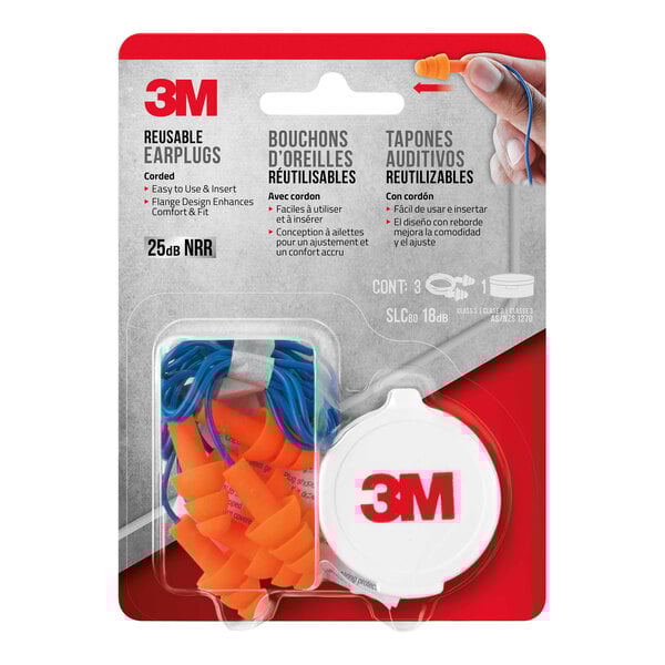 A package of 3M reusable earplugs with orange and blue cords.