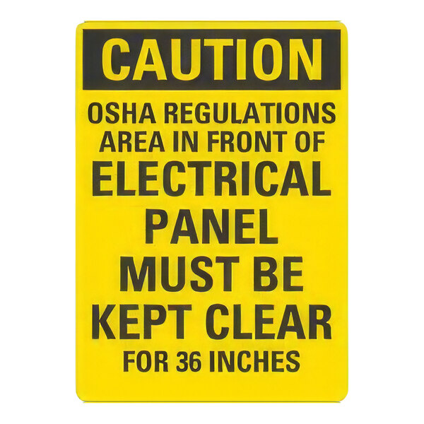 A yellow sign with black text that says "Caution / OSHA Regulations / Area In Front Of Electrical Panel Must Be Kept Clear For 36 Inches"