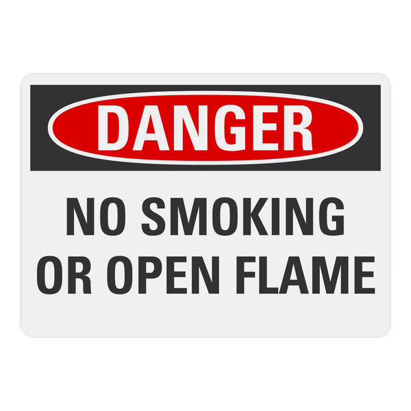 A white rectangular aluminum sign with black text that reads "Danger / No Smoking Or Open Flame"