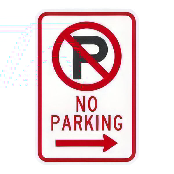 A white rectangular Lavex "No Parking" sign with a red border and right arrow and reflective white text.