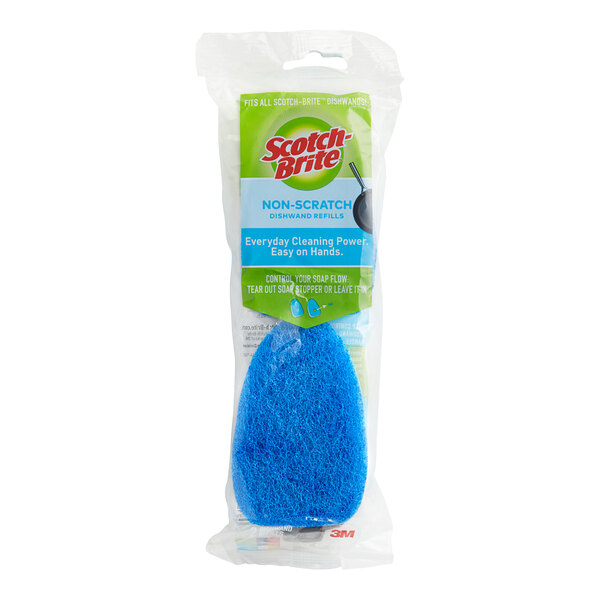 A blue sponge in a plastic package with 3M Scotch-Brite Non-Scratch Scrub Pad Refills.