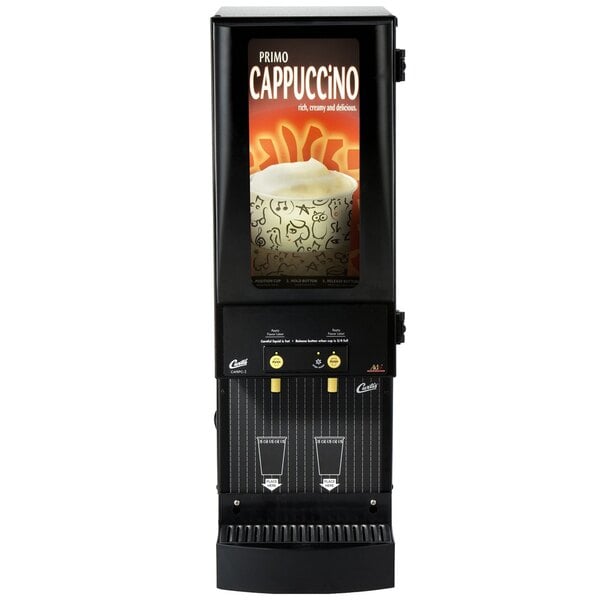 A black Curtis cappuccino machine with a lit sign on it.