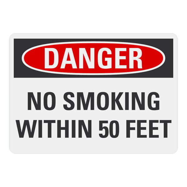 A Lavex aluminum safety sign that says "Danger / No Smoking Within 50 Feet" with black text and a red circle.