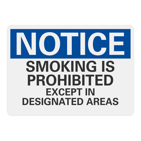 A white and blue Lavex aluminum sign that reads "Smoking Is Prohibited Except In Designated Areas" in white and black text.