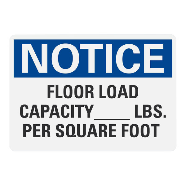 A blue and white Lavex aluminum notice sign with white letters that says "Notice Floor Load Capacity (Blank) Lbs. Per Square Foot"