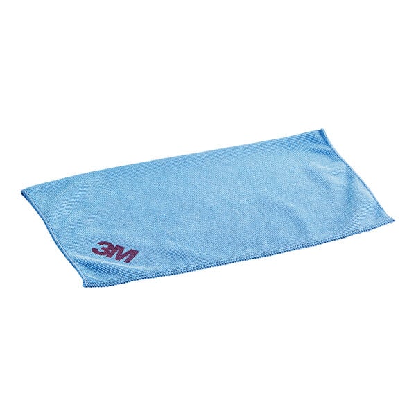 A blue 3M microfiber cleaning cloth with a red logo.