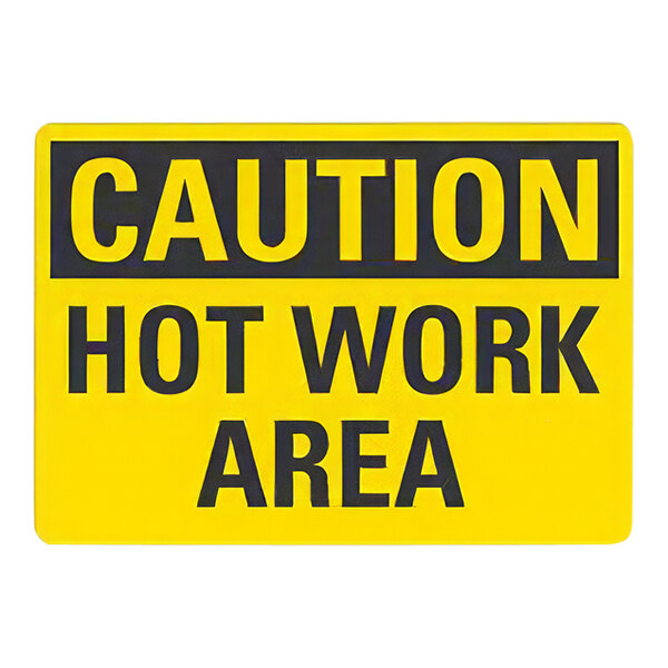 A yellow and black Lavex adhesive vinyl safety label that says "Caution Hot Work Area"