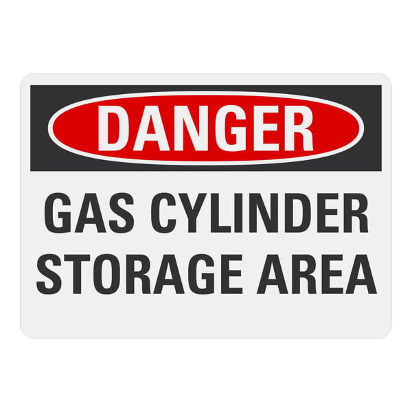 A white rectangular Lavex aluminum sign with the text "Danger Gas Cylinder Storage Area" in black. 