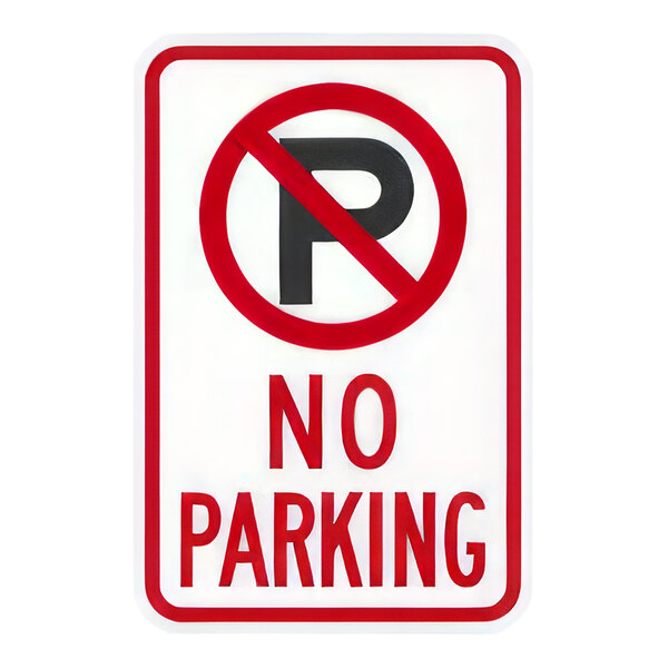 A white rectangular aluminum safety sign with red text and border that says "No Parking"