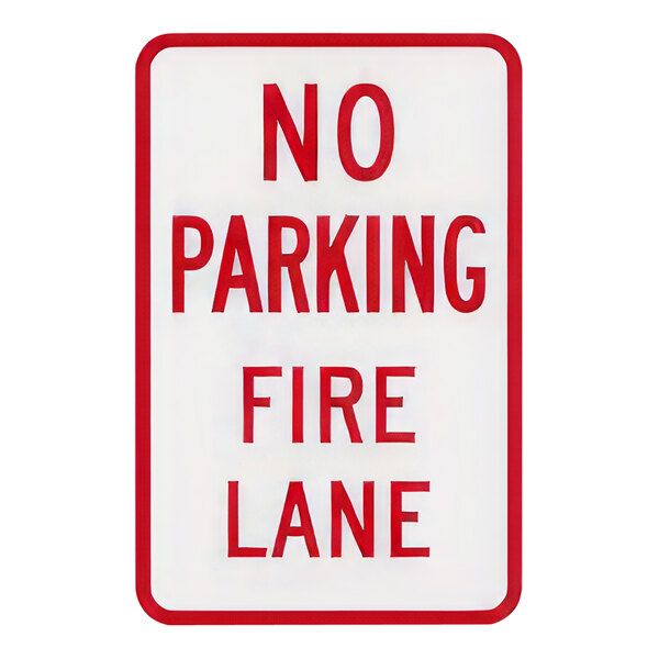 A white rectangular aluminum sign with red and white text that reads "No Parking / Fire Lane" in red.