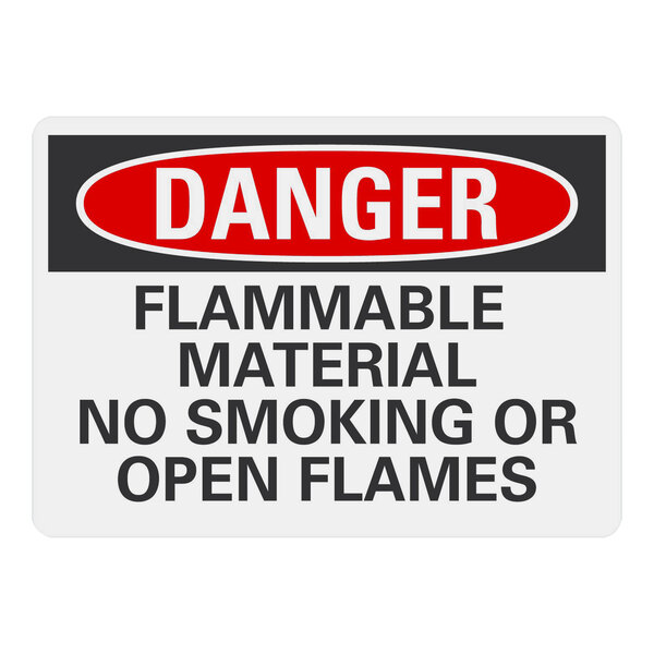 A Lavex aluminum hazard sign that says "Danger Flammable Material No Smoking Or Open Flames" in black text with a red circle.