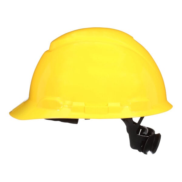 A yellow 3M SecureFit hard hat with a white background.