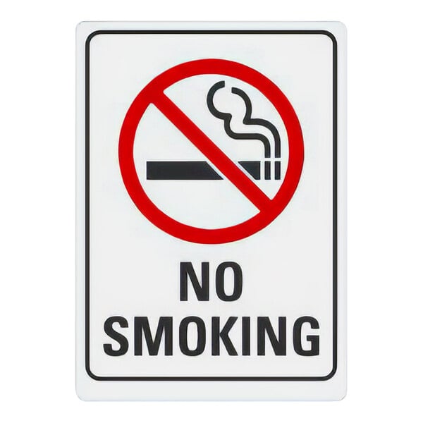 A white rectangular sign with a red circle and black text that says "No Smoking" and includes a no-smoking symbol.