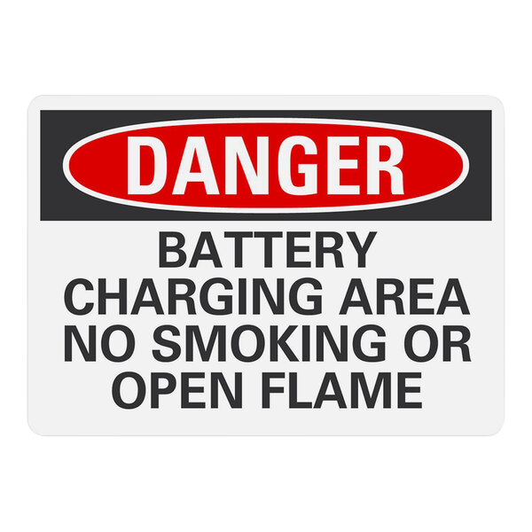 A white Lavex aluminum safety sign for a battery charging area with text and symbols.