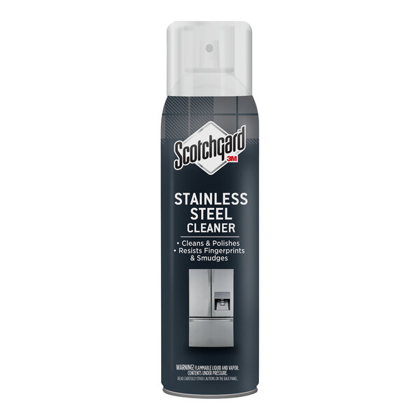 A black can of 3M Scotchgard Stainless Steel Cleaner with white text.