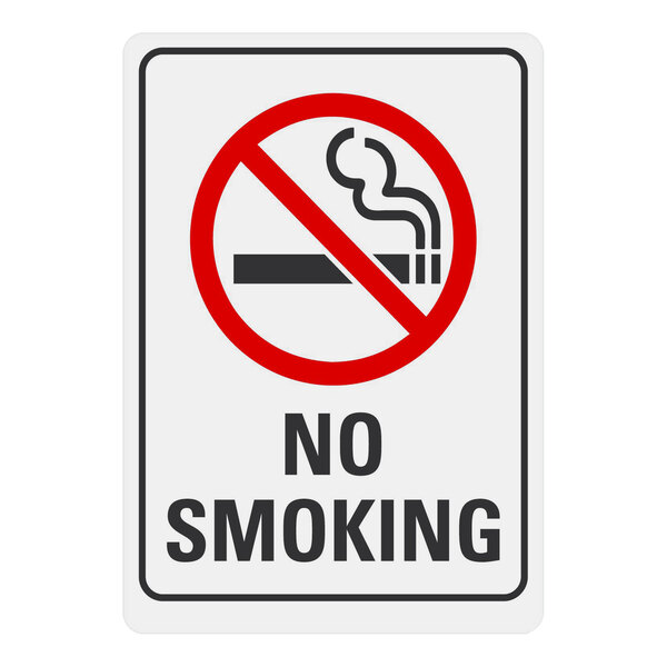 A white rectangular label with a red and black no smoking symbol and text.