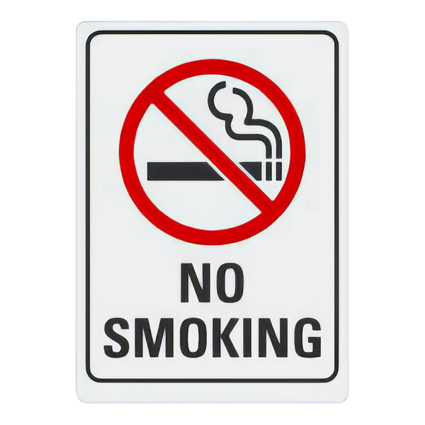 A white sign with black text and a red no-smoking symbol.