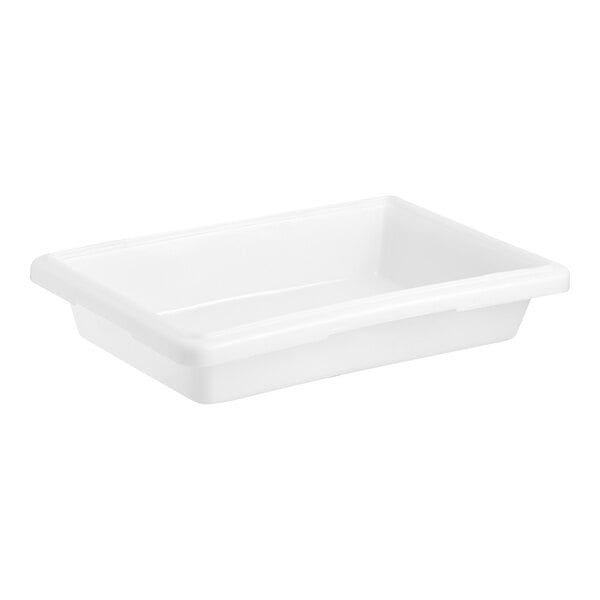 A white polyethylene food storage container with a lid.