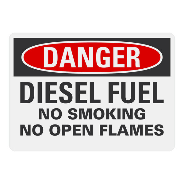 A white rectangular plastic safety sign with black text that reads "Danger Diesel Fuel No Smoking No Open Flames"