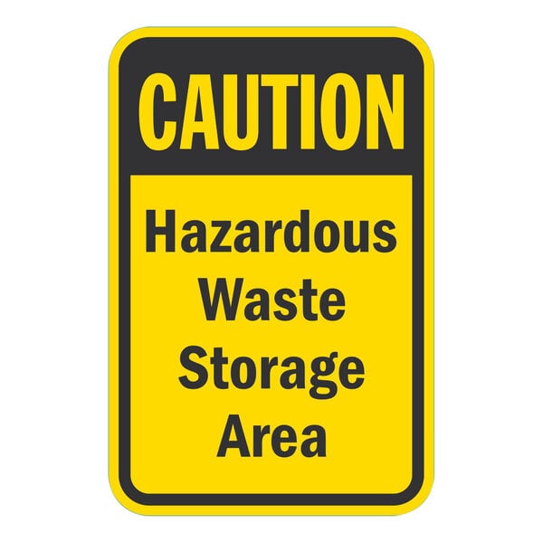 A white rectangular Lavex aluminum sign with the words "Caution / Hazardous Waste Storage Area" in black text and a yellow caution sign.