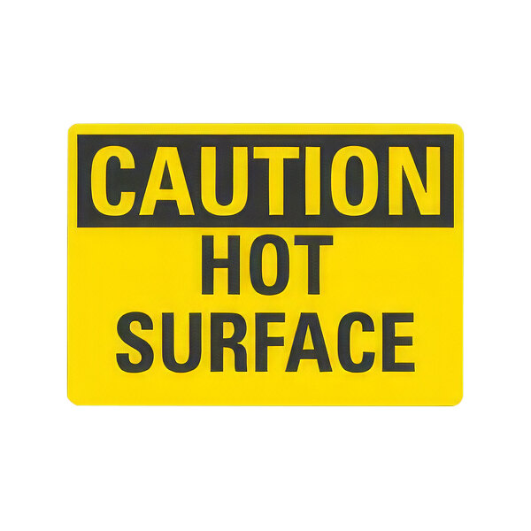 A yellow Lavex plastic "Caution / Hot Surface" sign with black text.