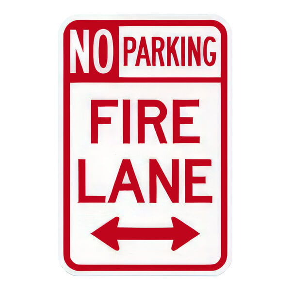 A white sign with red and white text that says "No Parking" with a red stripe above and below the text.