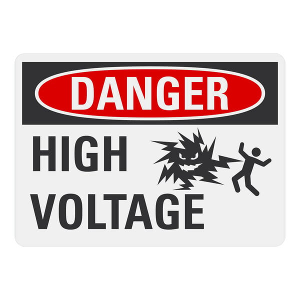 A white rectangular Lavex adhesive vinyl safety label with the words "Danger High Voltage" and a symbol.