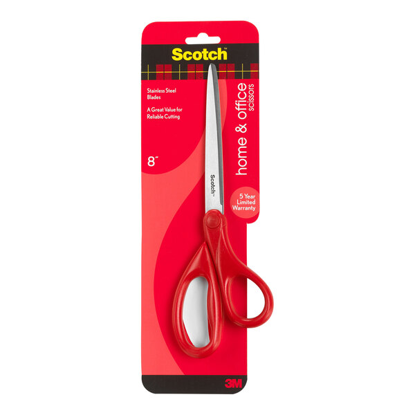 A package of 3M Scotch stainless steel scissors with red handle.