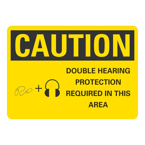 A yellow and black Lavex aluminum construction sign that says "Caution Double Hearing Protection Required In This Area"