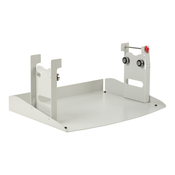 A white metal stand with two metal rods for a 3M Scotch Cushion Lock Protective Wrap Dispenser.