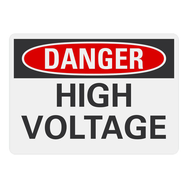 A white rectangular Lavex aluminum safety sign with red and black text that reads "Danger / High Voltage" and a white rectangular Lavex aluminum safety sign with red and black text.