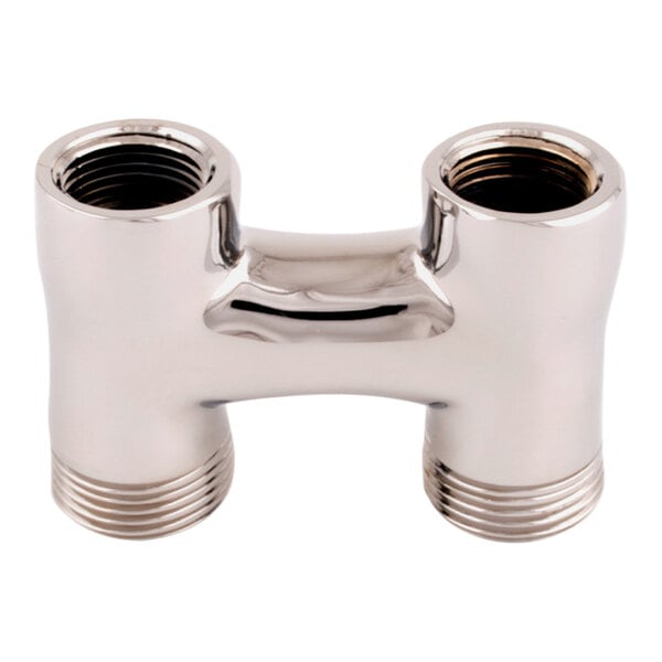 A silver metal "H" yoke with two chrome pipe fittings.