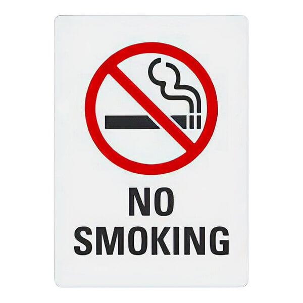 A white rectangular sign with black and red text reading "No Smoking" with a black and red no-smoking symbol.