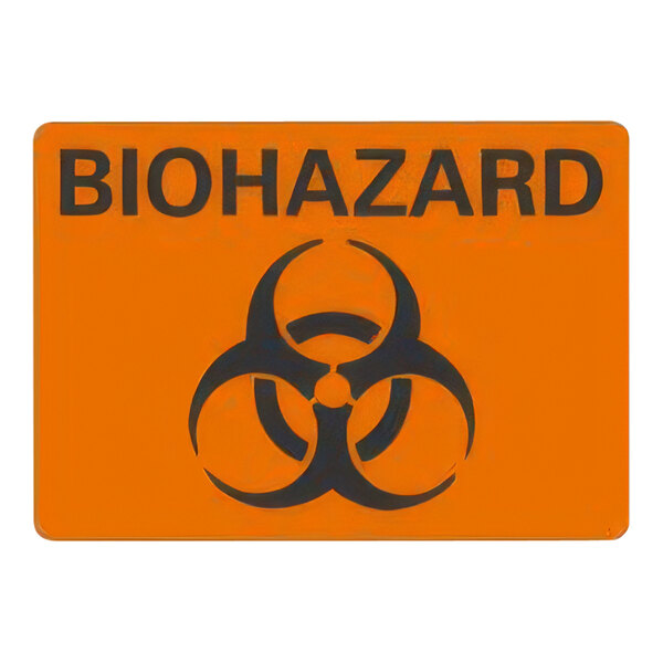 A white sign with a black biohazard symbol and orange text that reads "Biohazard"