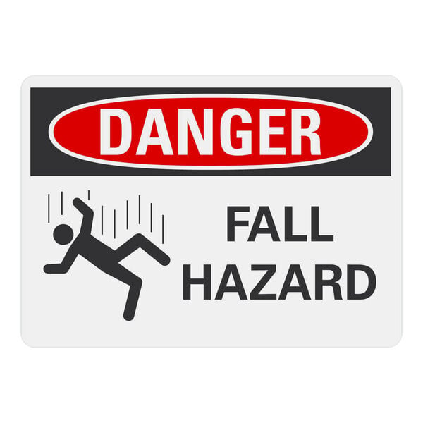 A white rectangular Lavex adhesive safety label with the words "Danger / Fall Hazard" and a falling person.