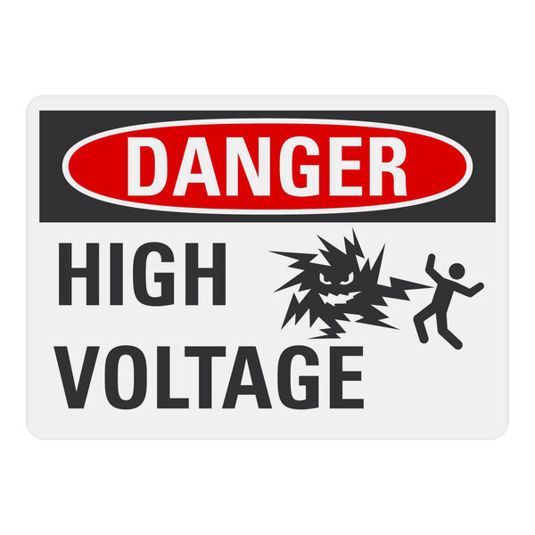 A white rectangular aluminum sign with the words "Danger High Voltage" and a symbol.