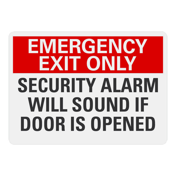 A Lavex plastic safety sign with the text "Emergency Exit Only Security Alarm Will Sound If Door Is Opened" and an arrow pointing right.