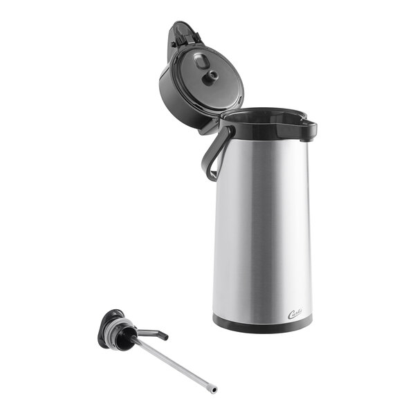 A Curtis stainless steel coffee airpot with a black lever and lid.