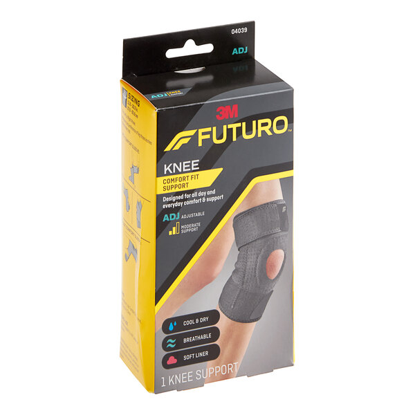 A yellow and black box of 3M Futuro knee support with a black and yellow design.