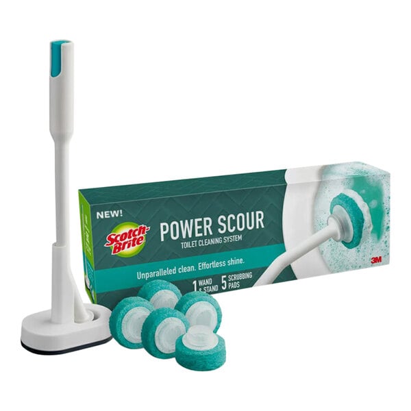 A white pole with a green box of 3M Scotch-Brite Power Scour toilet cleaning pads.