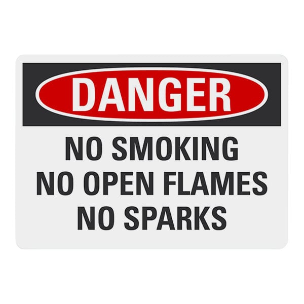 A Lavex safety label with black text that says "Danger / No Smoking / No Open Flames / No Sparks" in a red circle.