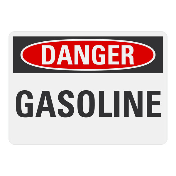 A white rectangular safety label with red and black text that reads "Danger Gasoline"