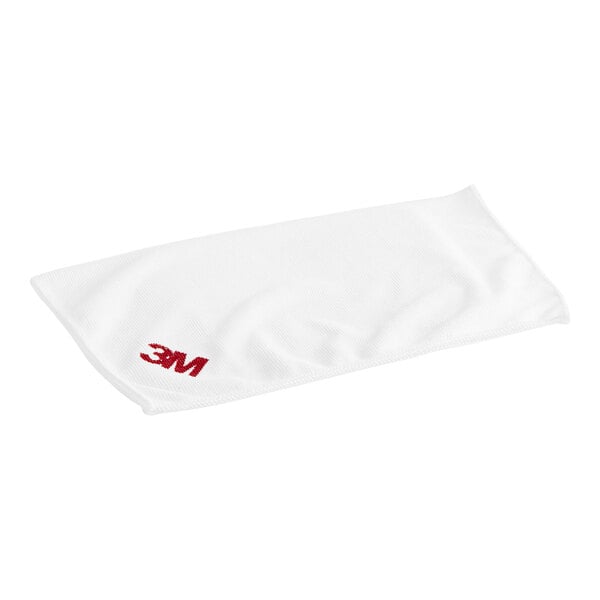 A white microfiber towel with a red 3M logo.